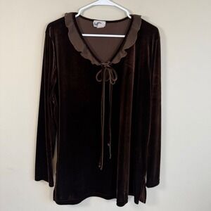 Vintage Y2K Fairycore Velvet Tie Front Top Brown Witchy Ruffle Neck Long Sleeve